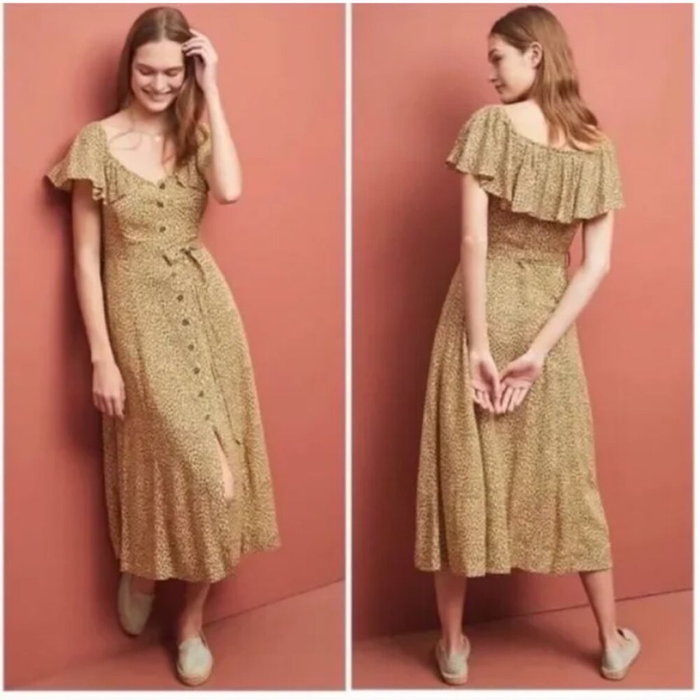 Anthropologie Bolano cheetah‎ print button front midi dress ruffle top size 0